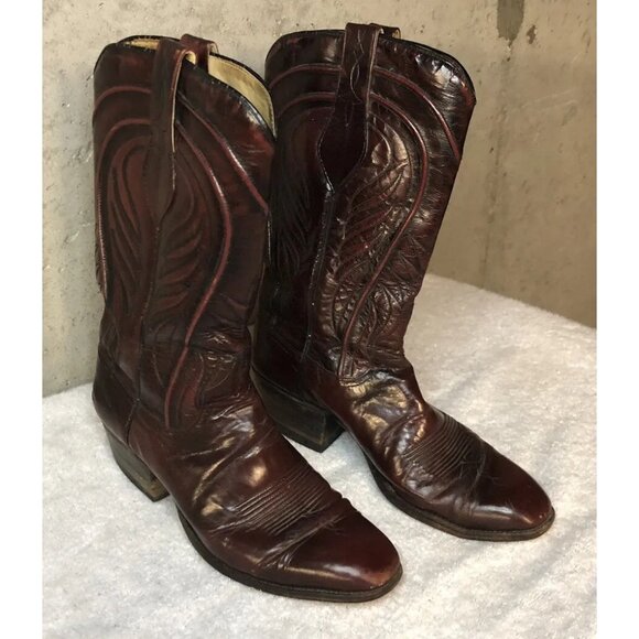 DAN POST VINTAGE BLACK CHERRY LEATHER BOOTS SQ. TOE SZ. 9 B MADE IN SPAIN - Picture 3 of 9